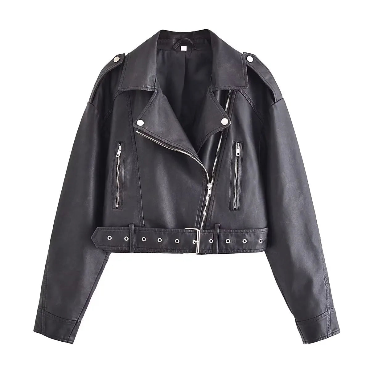 maoxiangshopWomen Vintage Loose Pu Faux Leather Short Jacket with Belt Streetwear Female Zipper Retro Moto Biker Coat Outwear Tops