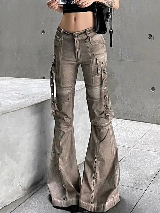 Washed Brown Utility Bootcut Jeans for Women American Style Street Pocket Wide Leg Pants Harajuku Style Y2k Casual Trousers