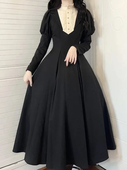 maoxiangshop Black Japanese Lolita One Piece Dress Women Patchwork Vintage Evening Party Long Dress Female O Neck France Retro Clothing