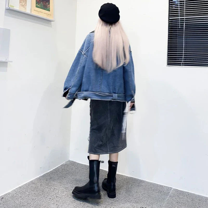 Vintage Gray Denim Skirts Woman Y2K Streetwear Lace Up Design Side Split Skirts Korean Chic High Wiast Long Skirt Women