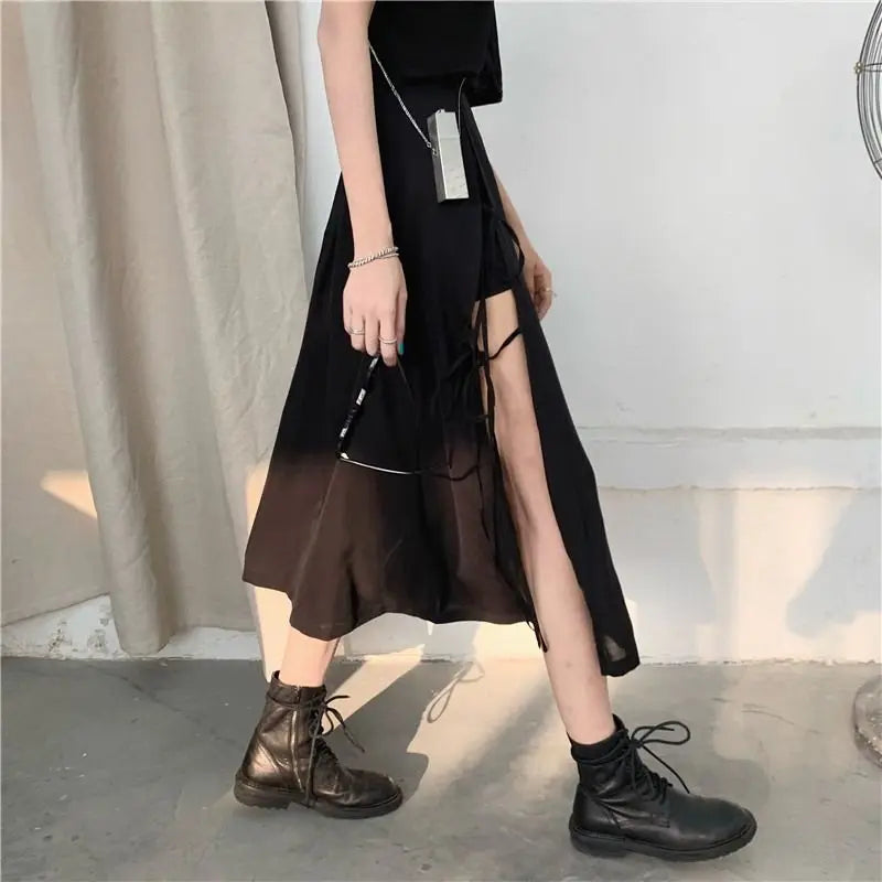 maoxiangshop Vintage Dark Gothic High Split Mid-Calf Skirts Women Elegant Fashion Party Club High Waist Femme Bottom Streetwear Goth Skirt