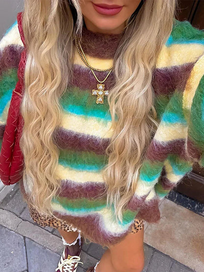 maoxiangshop  -  Casual Striped Mohair Sweater Women Loose Contrast O-neck Long Sleeve Pullovers 2024 Autumn Winter Lady Street Outwear