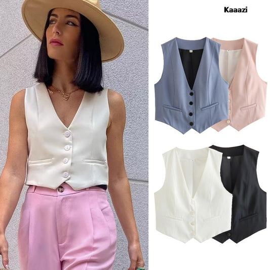 Elegant Fashion Women's Vest 2023 Sleeveless Vests For Women Summer V-Neck Single-breasted Ladies White Casual Tops Coats Chic