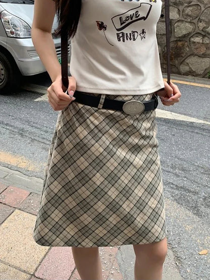 maoxiangshop Vintage Plaid Midi Skirt Women Fashion 90s Aesthetic High Waist Knee-length A-line Tube Skirt Y2k Korean Streetwear