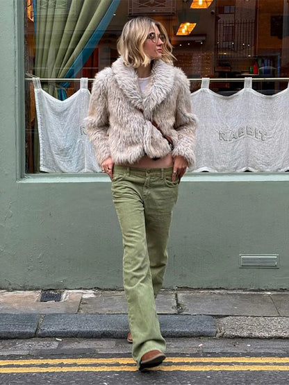 maoxiangshop  -  Women Autumn Winter Thicken Faux Fur Coat Elegant Lapel Long Sleeves Fluffy Short Overcoat Chic Lady High Street Warm Outerwear