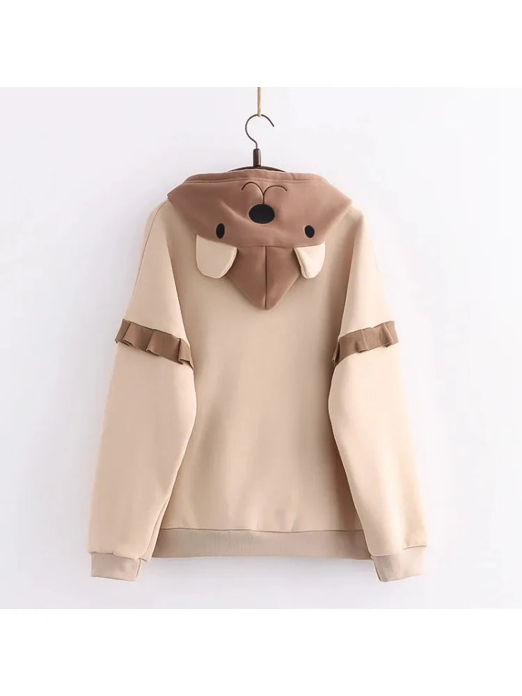 maoxiangshop Women Cute Drawstring Bear Embroidery Fleece Hoodies Winter Korean Fashion Harajuku Hoody Sweatshirt Female Pullover Top