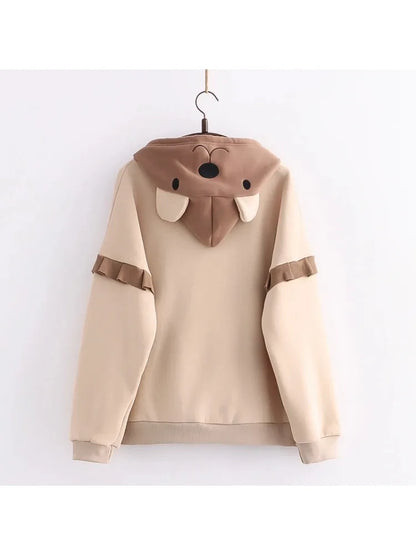 maoxiangshop Women Cute Drawstring Bear Embroidery Fleece Hoodies Winter Korean Fashion Harajuku Hoody Sweatshirt Female Pullover Top