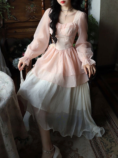 maoxiangshop French Vintage Sweet Fairy Dress Women Bow Elegant Evening Party Midi Dresses Female Long Sleeve Korean Style Dress Summer