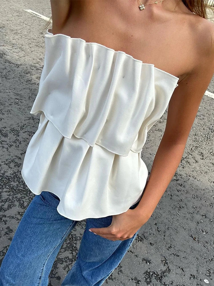 maoxiangshop  -  Solid Folds Tank Top Women Autumn Slim Sleeveless Cute Tops Women's Club Sexy Low Cut Street Fashion Femme Clothing