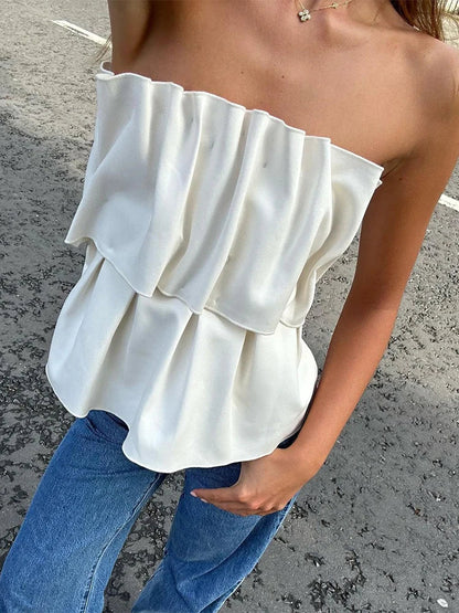 maoxiangshop  -  Solid Folds Tank Top Women Autumn Slim Sleeveless Cute Tops Women's Club Sexy Low Cut Street Fashion Femme Clothing