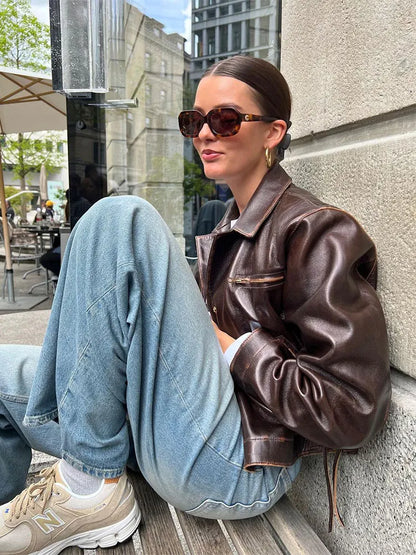 maoxiangshop -  Women Bandage Pu Leather Biker Jacket Lace Up Long Sleeve Single Breasted Motor Jackets Autumn Casual Street Outwear Tops