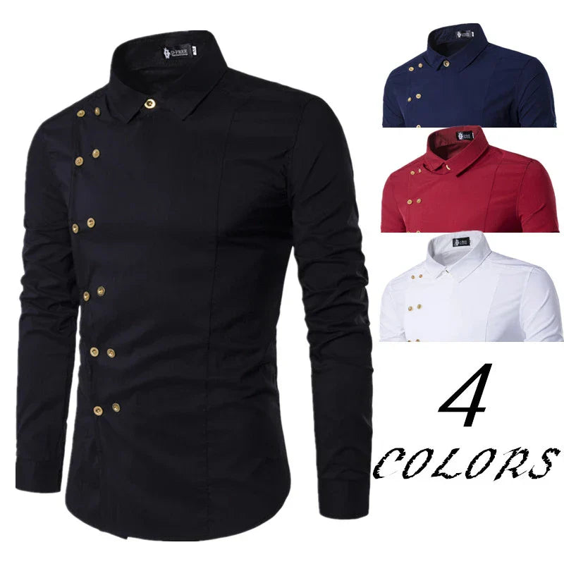 maoxiangshop Men's Diagonal Placket Double Breasted Slim Fitting Fashion Long Sleeved Shirt