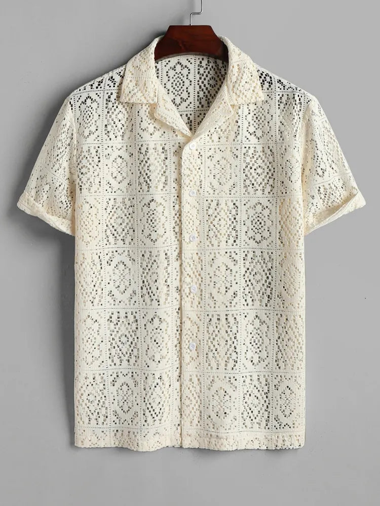 maoxiangshop Hollow Out See-through Men's Shirt Sexy Rose Pattern Short Sleeve Openwork Shirt Summer Streetwear Overshirt Tops Z5094175