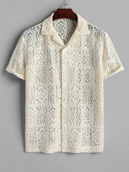 maoxiangshop Hollow Out See-through Men's Shirt Sexy Rose Pattern Short Sleeve Openwork Shirt Summer Streetwear Overshirt Tops Z5094175