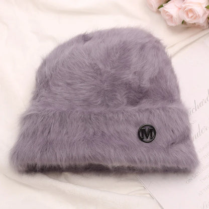 maoxiangshop New Fashion Rabbit Fur Y2k Beanies for Women Soft Warm Fluffy Angola Winter Hat Female Windproof Bonnet Hat Skullies Cap