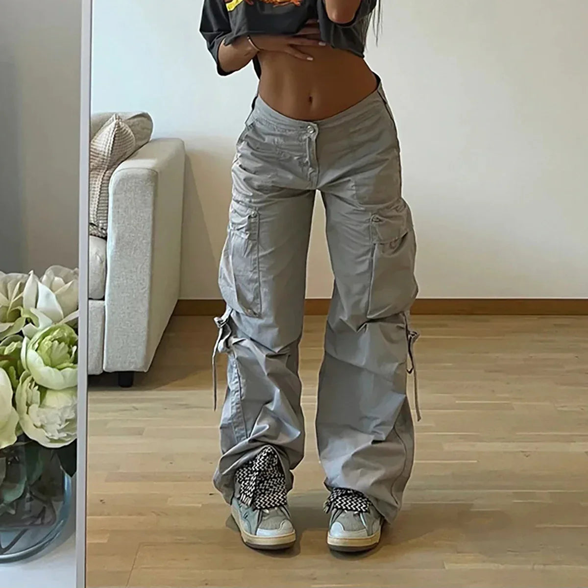 Y2K Women Vintage Cargo Pants Fashion Streetwear Low Waist Wide Leg Straight Trousers Big Pockets Baggy Casual Solid Sweatpants