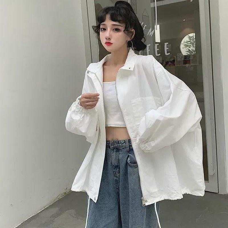 maoxiangshop Women Basic Jackets Solid Turn-down Collar All-match Bf Harajuku Batwing Sleeve High Street Casual Teens Sun Protection Hot Sale