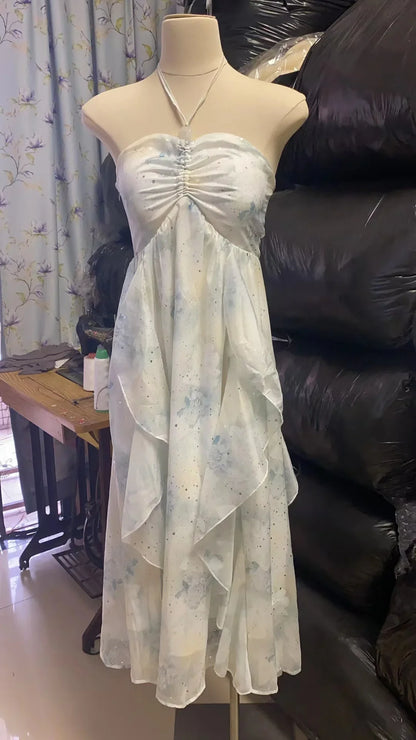 Elegant Sleeveless Midi Dresses For Women Beach Style Chiffon Hanging Neck Strap Casual Holiday Sundress One Piece Vestidos