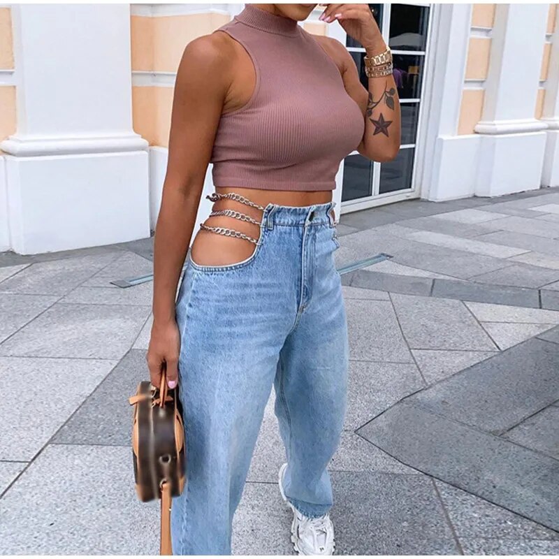 2023 Women Summer Sexy High Waist Jeans Washed Chain Straight Side Hollow Patchwork Blue Long Pants Zipper Pocket Denim Trousers