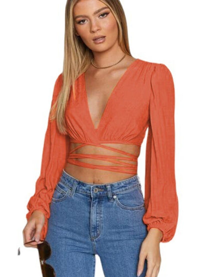 Summer New Temperament Solid Color Women's Breathable Lantern Sleeves Sexy V-neck Strappy Cardigan Cropped Top Sunscreen Shirt