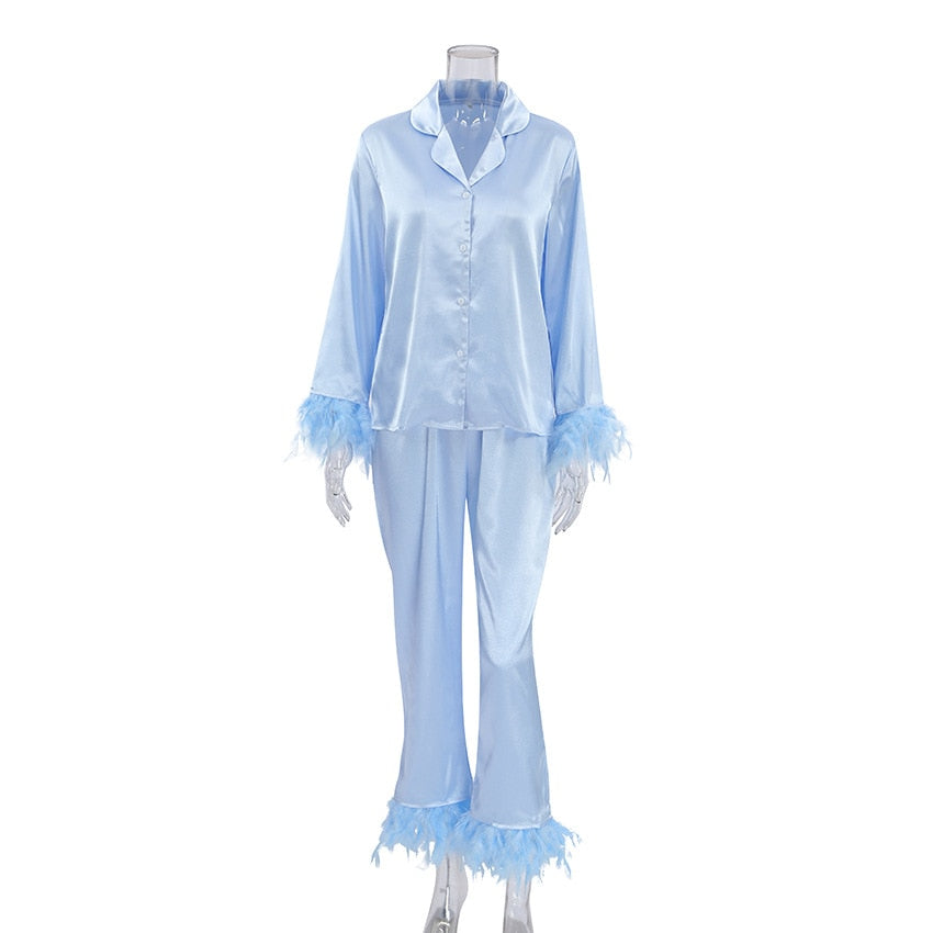 Solid Casual Sleepwear Women's Robe With Feathers Single Breasted Turn Down Collar Women Sleeping Clothes Set Satin Pajamas Sets