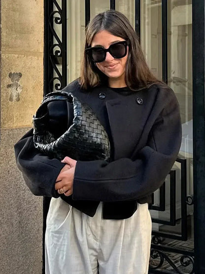 maoxiangshop -  Elegant Autumn O Neck Solid Jacket For Women Fashion Double-breasted Short Coat Winter Female Office Street Lady Casual Overcoat