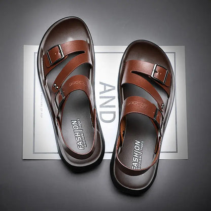 maoxiangshop Comfortable Men's Sandals Solid Color Open Toe Mens Leather Sandals New Slippers Beach for Male Leather Footwear