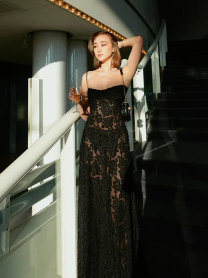 Summer Long Formal Occasion Dresses Maxi Black Appliques Dresses Long Elegant and Beautiful Women Dress