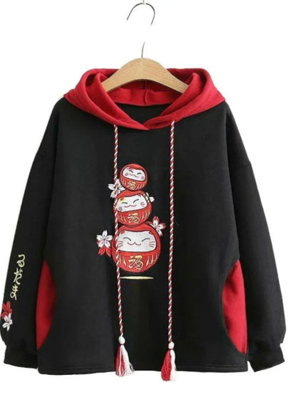 maoxiangshop Black Fleece Hooded Sweatshirt Harajuku Chinese Embroidery Oversize Pullover Hoodies Women Winter Sweet Style Female Top
