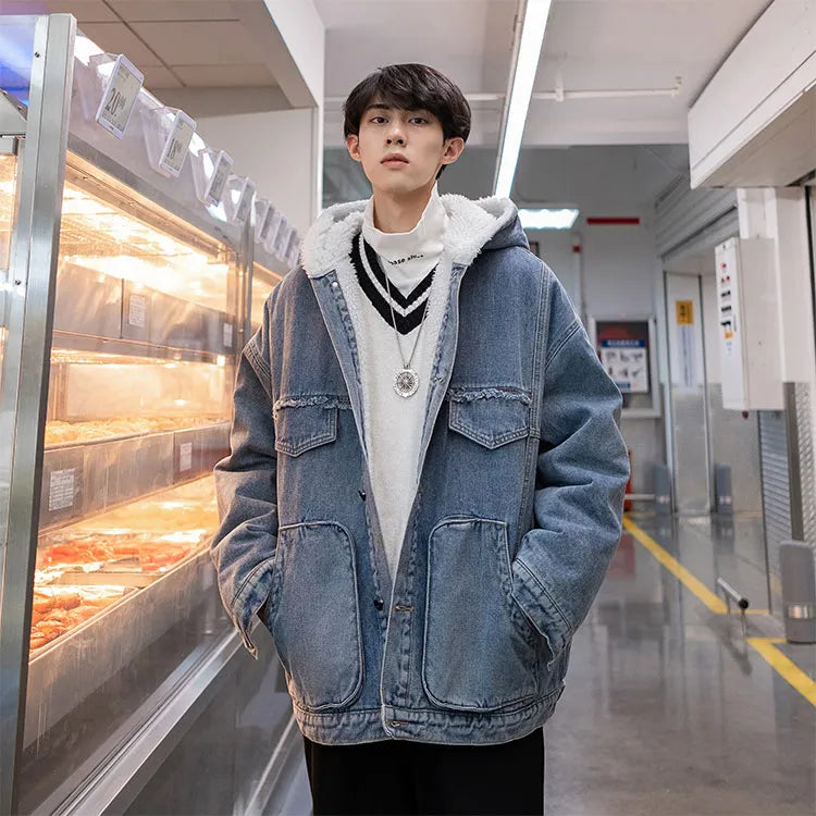 maoxiangshop Men Winter Fleece Hooded Jean Jackets Blue Cowboy Outerwear Thick Warm Denim Coats Big Pockets Men Denim Jacket Plus Size 4XL-S
