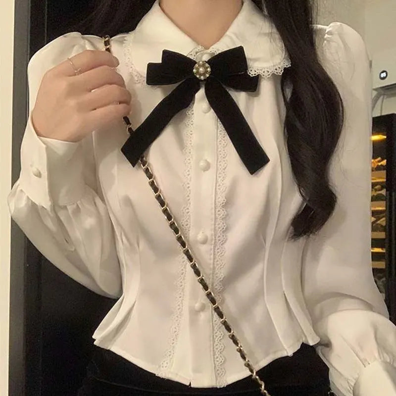 maoxiangshopWhite Shirts Woman Kawaii Lace Lolita Blouses Sweet Tunics Fairycore Peter Pan Coller Crop Long Sleeve Tops Preppy Korean