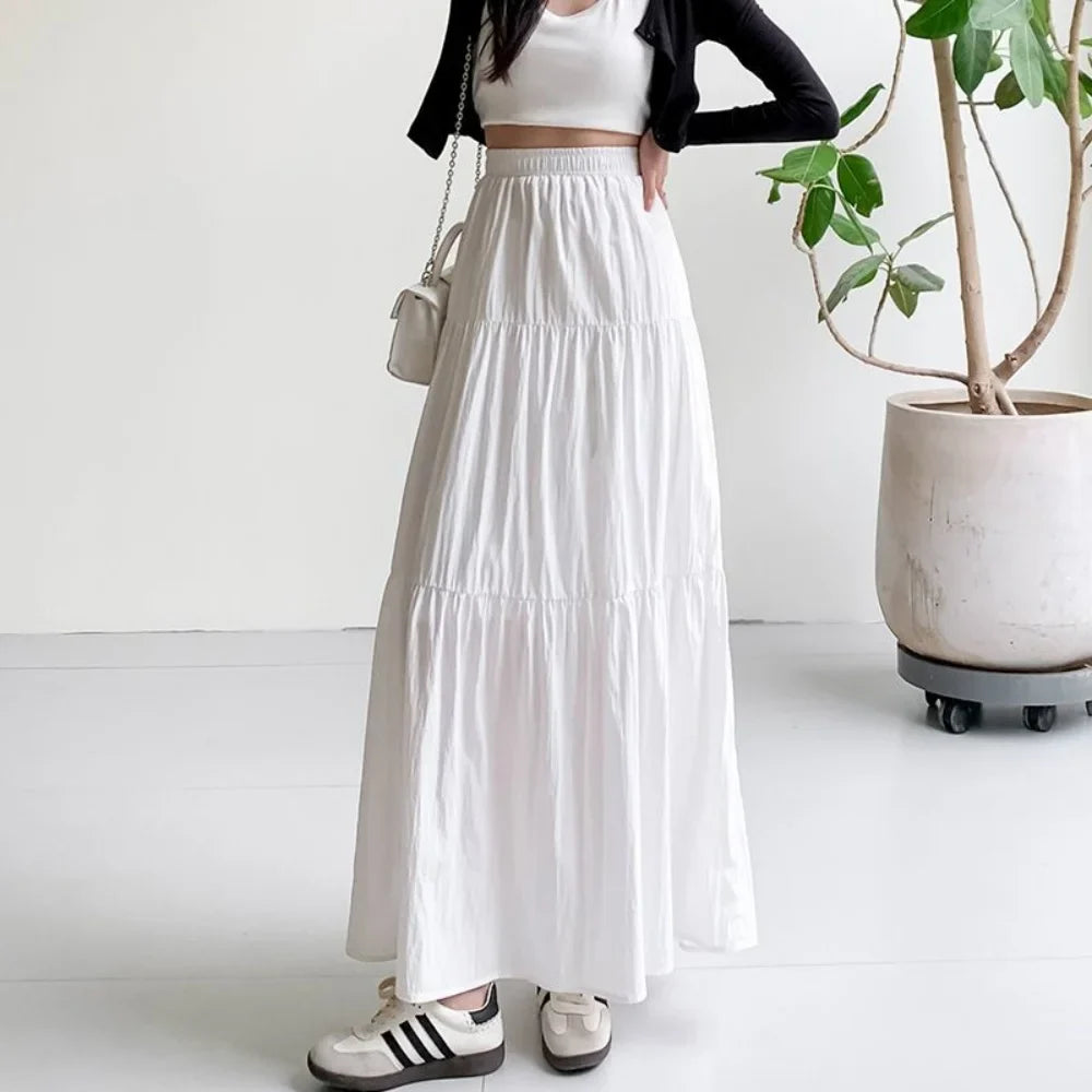 maoxiangshop Women Sweet Cake Skirt Summer Trend High Waist Pleated Skirt Casual Elegant All-Match Solid A-line Big Swing Double Layer Skirt