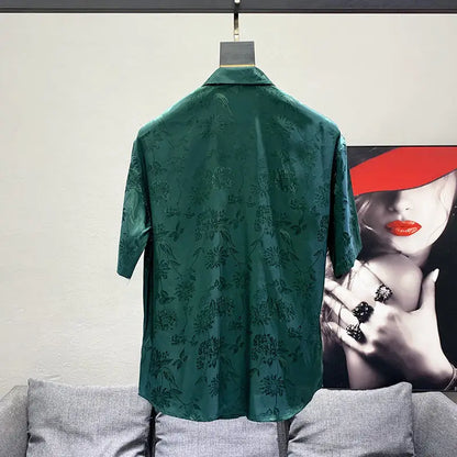 maoxiangshop Men High Quality Vintage Flower Casual Streetwear Y2K Button Shirts Trendy Lapel Black White Loose Short Sleeve Tops Ropa Hombre