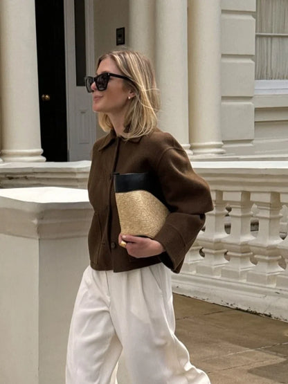 maoxiangshop  -  Elegant Women Solid Single Breasted Short Coat Chic Lapel Long Sleeves Pocket Cropped Overcoats Autumn Lady Commuting Outwear