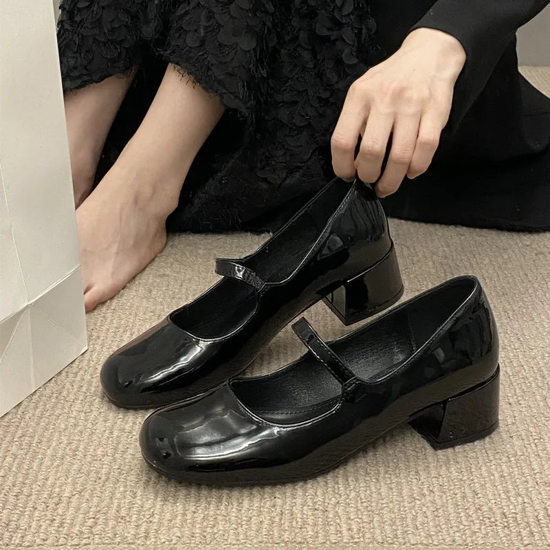 maoxiangshop -  Spring Autumn Britain Style Woman Pumps French Thick Heel Square toe Mary Janes Femme Punk Girls Shoes Moccasins
