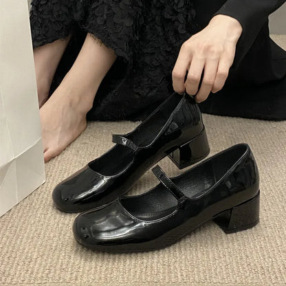 maoxiangshop -  Spring Autumn Britain Style Woman Pumps French Thick Heel Square toe Mary Janes Femme Punk Girls Shoes Moccasins