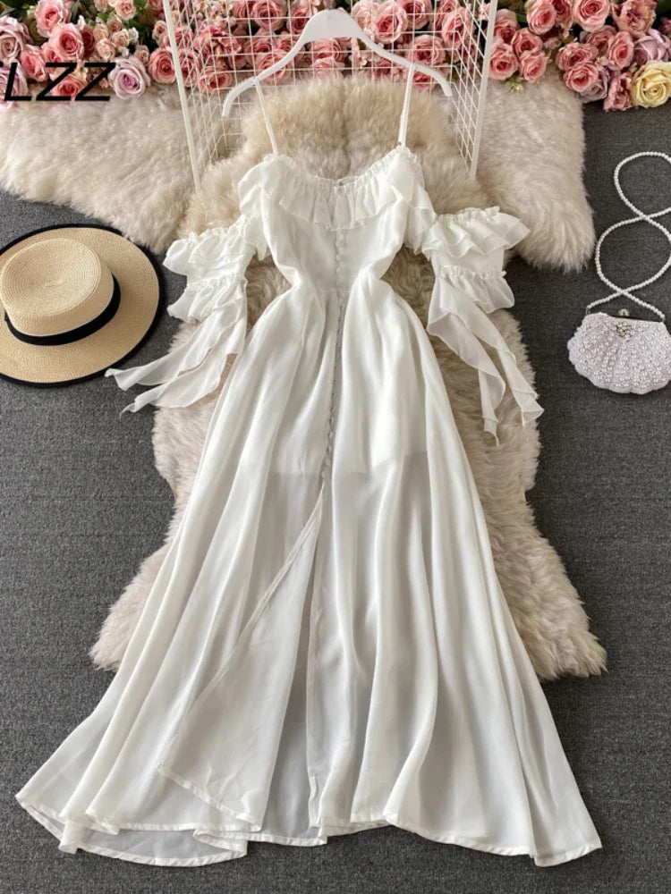 maoxiangshop Summer White Long Dress Women Sexy Off Shoulder Strapless Backless Ruffle Beach Dresses Elegant Ladies Maxi Dresses Vintage Robe