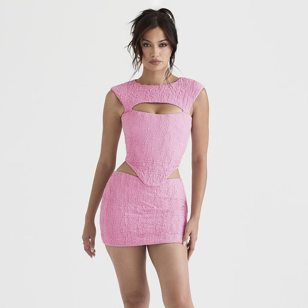 maoxiangshop Pink Sleeveless 2 Piece Dress Set Sexy Cut Out Holiday Party Dresses Casual Cropped Top and Mini Skirt Women