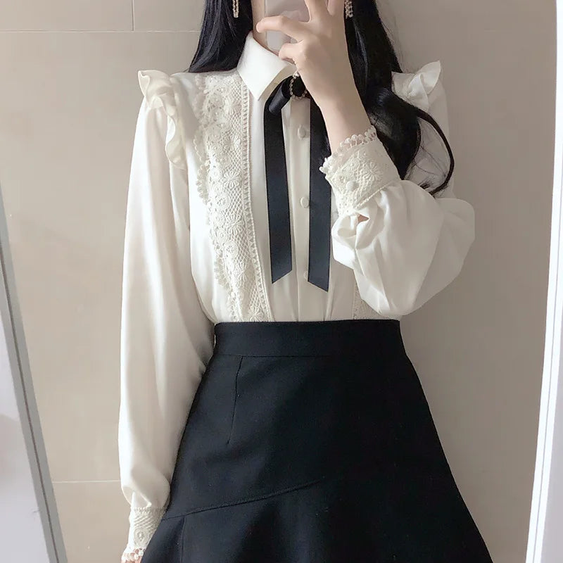 maoxiangshop Women Cute Sweet Girls Preppy Style Tops Blouses Formal FLHJLWOC Office Lady Basic White Button Shirts