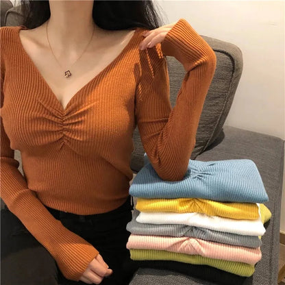 maoxiangshop Sexy V Neck Women Sweater Autumn Knitted Pullover Jumper Chic Soft Korean Slim Long Sleeve Female Basic Top New