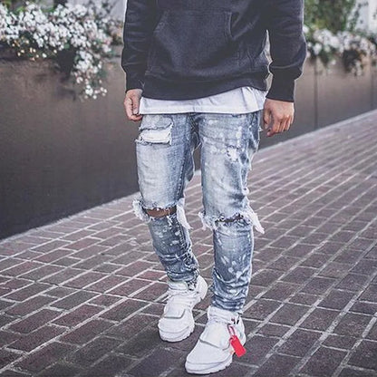 maoxiangshop Men Jeans Knee Hole Ripped Stretch Skinny Denim Pants Solid Color Black Blue Autumn Summer Hip-Hop Style Slim Fit Trousers S-4XL