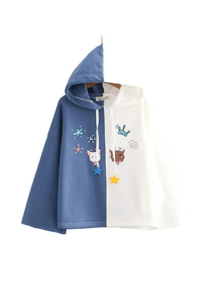 Winter Fashion Fleece Women Hoodies And Sweatshirts Sweet Style Cartoon Print Patchwork Long Sleeve Thick Hooded Pullover