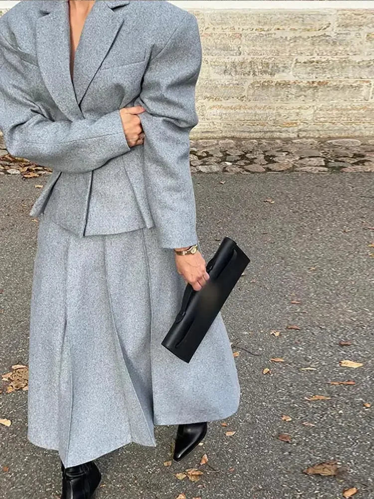 maoxiangshop  -  Women Fashion Solid Woolen Skirt Suits Elegant Stand Collar Full Sleeve Coat Loose Pleated Long Skirts Set Fall Chic Lady Outfit