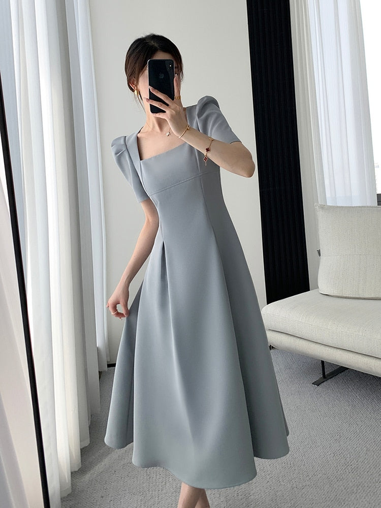 maoxiangshop Vintage Square Collar Casual French Midi Dress for Women Elegant Party Ladies Pleated A-Line Femme Fashion Bodycon Dress Summer