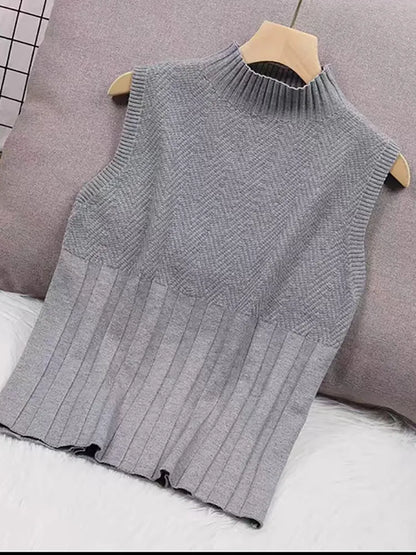 maoxiangshop Women Summer Casual Knitted Tank Tops Solid Sleeveless Half High Collar Slim Base Shirt Sexy Top Knitwear Y2k High Street