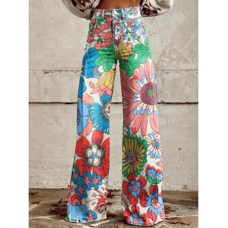 maoxiangshop  -  Trendy Retro Plus Size 3D Print Pants Women Autumn New Fashion Casual Comfortable Imitation Jeans Wide Leg Baggy Jeans Y2k Pants