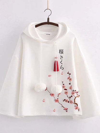 Women Hoodies Floral Embroidery Harajuku Hooded Sweatshirts Spring Flare Sleeve Vintage Korean Female Basic Daily Tops