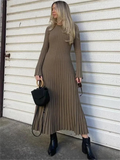 maoxiangshop Women Knitted Long Dress Casual Solid Color O-neck Ribbed Long Sleeve Pleated Dresses Elegant Lace Up Bodycon Maxi Dress Robe