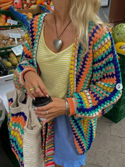 maoxiangshop -  Colorful Knit Hollow Out Cardigan For Women Open Front Loose Long Sleeve Sweater Tops Spring Autumn Chic High Streetwear