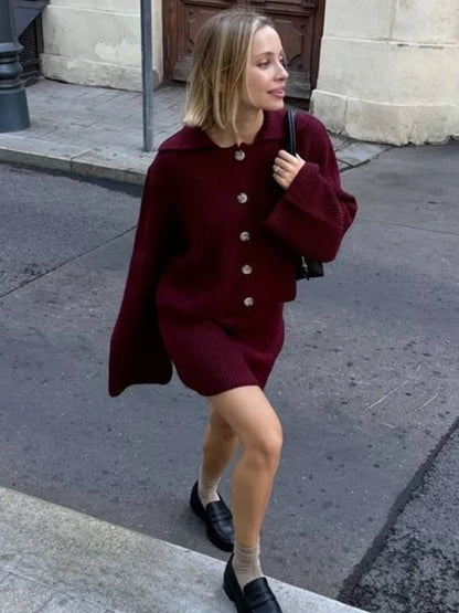 maoxiangshop  -  Knitted Skirts 2 Piece Set Women Fashion Lapel Flare Button Knitted Cardigan Top Mini Skirt 2024 Autumn Lady All-matching Outfit